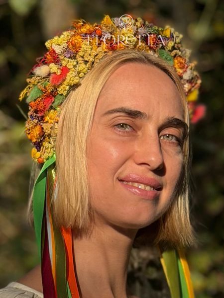 Український вінок із натуральних сухоцвітів на голову зі стрічками &laquo;Барвиста Україна&raquo; 107 фото