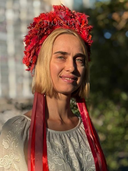 Український вінок із натуральних сухоцвітів на голову зі стрічками &laquo;Вільна&raquo; 109 фото